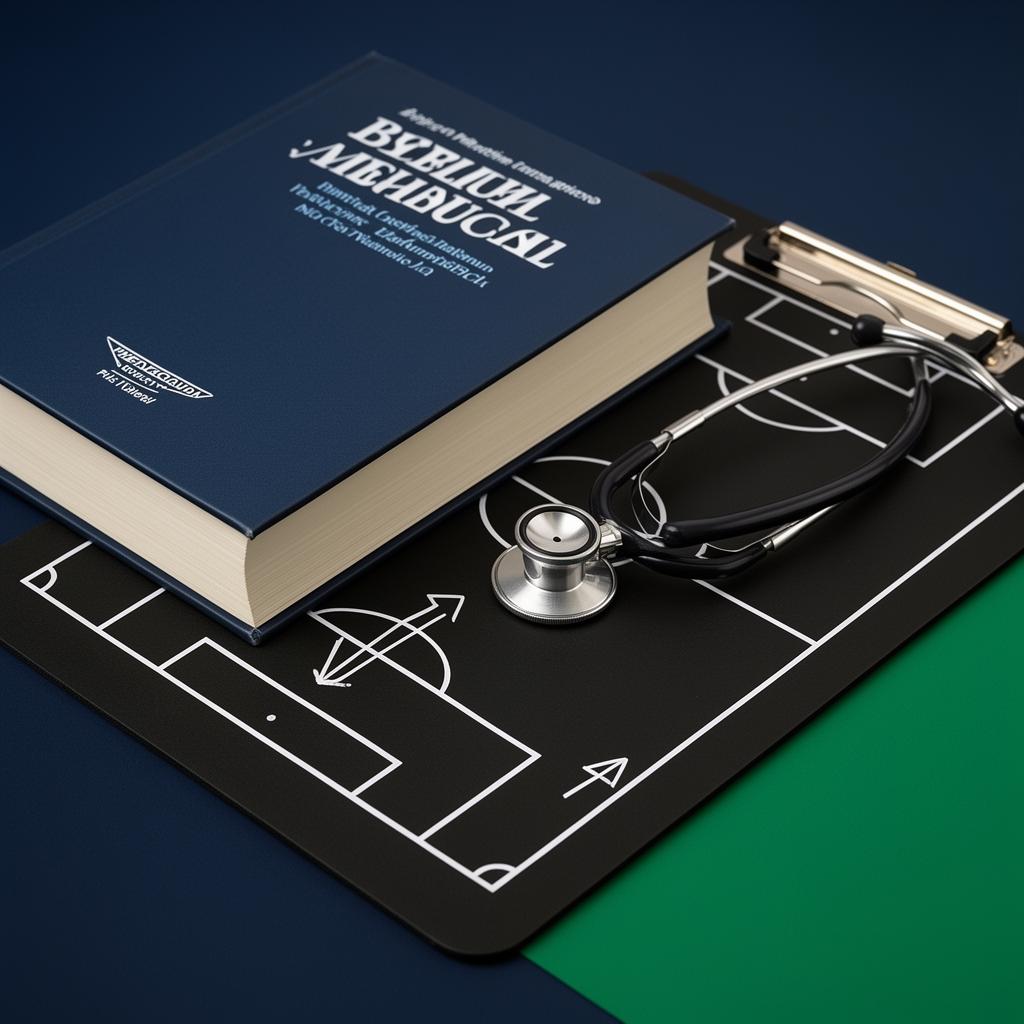 Livro de medicina e estetoscópio sobre prancheta tática com linhas de campo de futebol