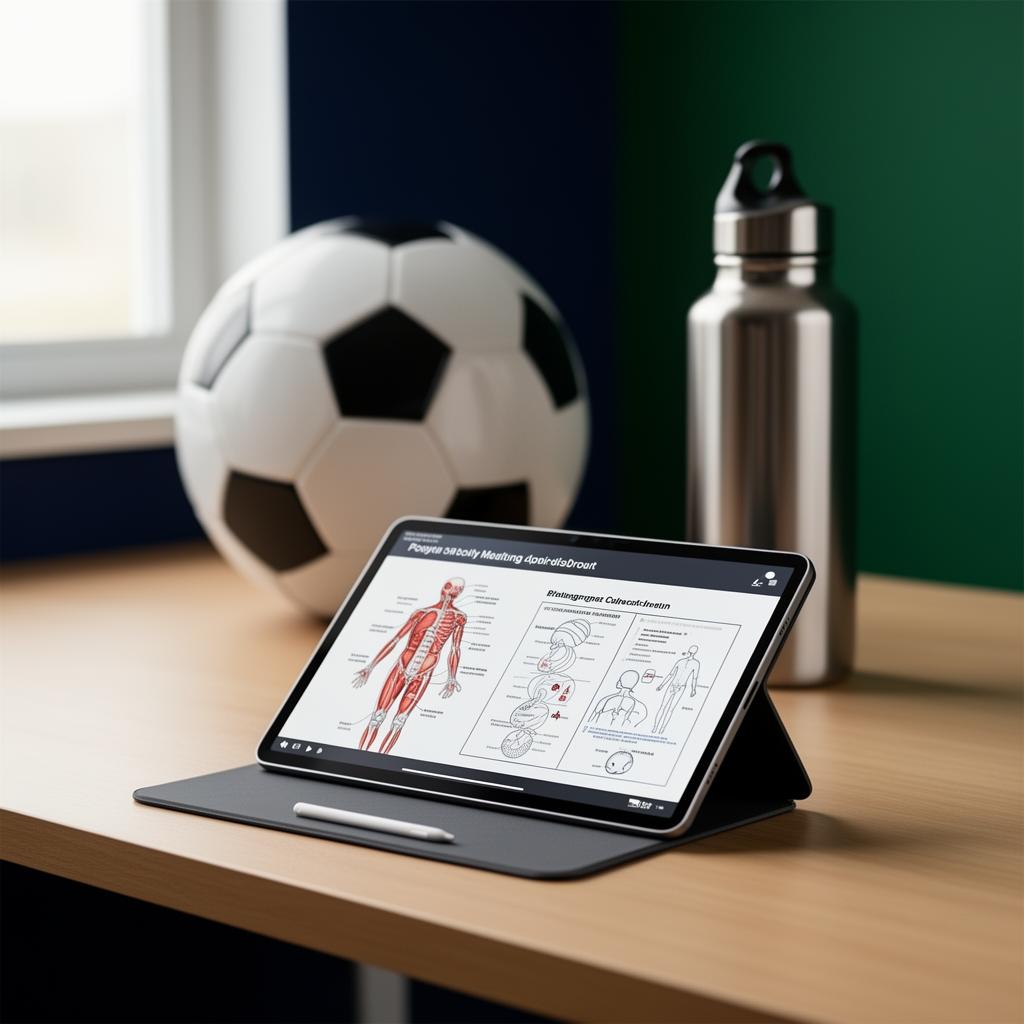 Tablet com aula de anatomia médica, bola de futebol e garrafa de atleta ao fundo