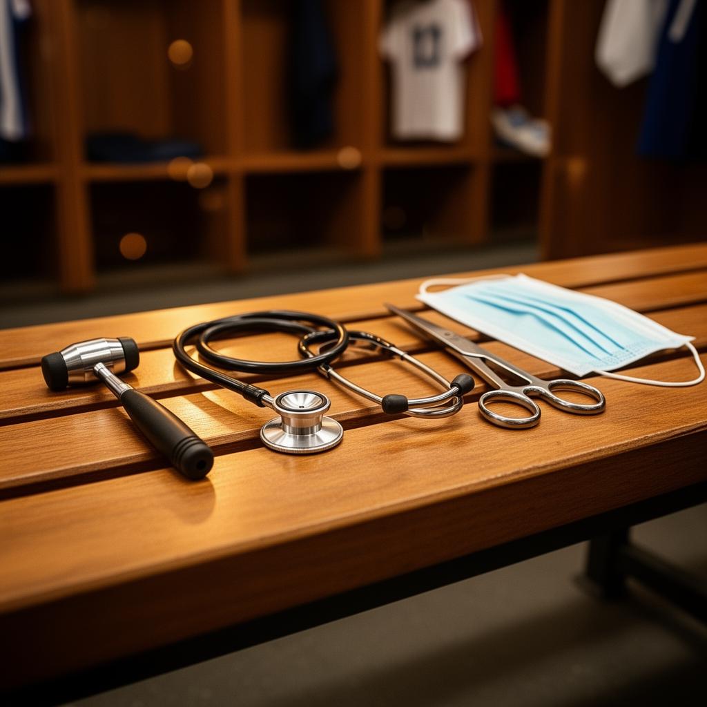Instrumentos médicos enfileirados em banco de madeira, como camisas em vestiário de estádio