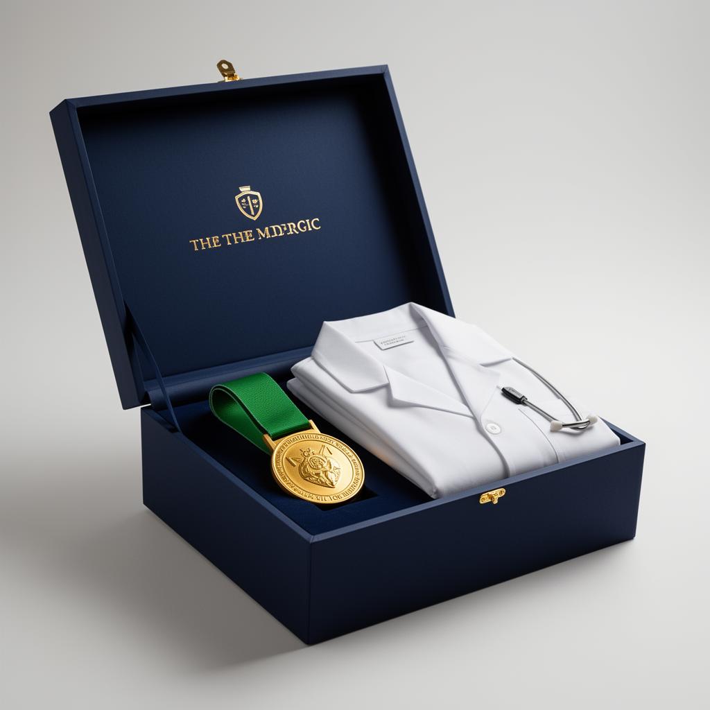 Caixa de presente premium revelando medalha de ouro e jaleco branco dobrado